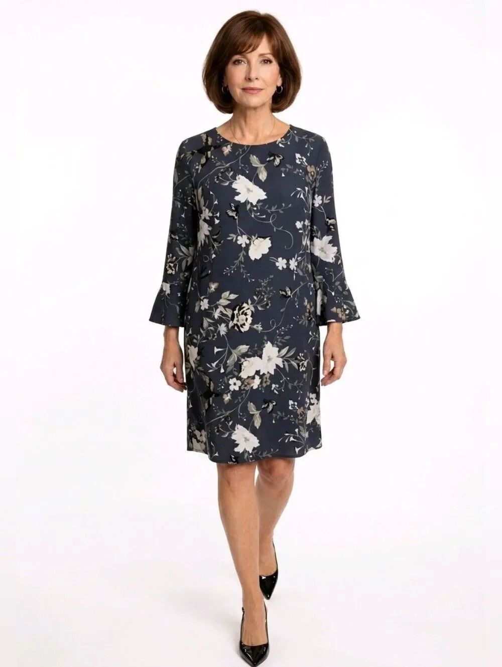 Old Navy Dark Gray Floral 3/4 Ruffle Sleeve Sheath Dress Size XS
